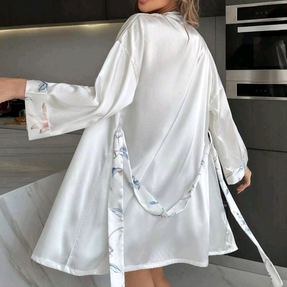 Flower Printed Lace Splicing Cami Sleep Dress And 3/4 Sleeve Robe Pajama Set - Picture 4 of 4